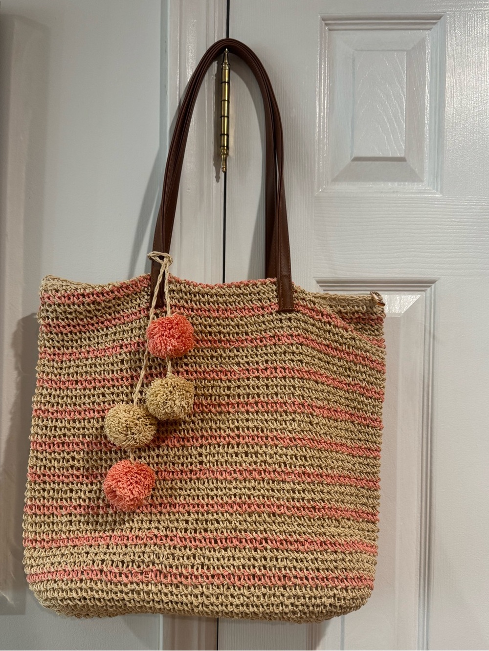 Casual Straw Tote Bag with Coral Pom-Poms - Brown Handles